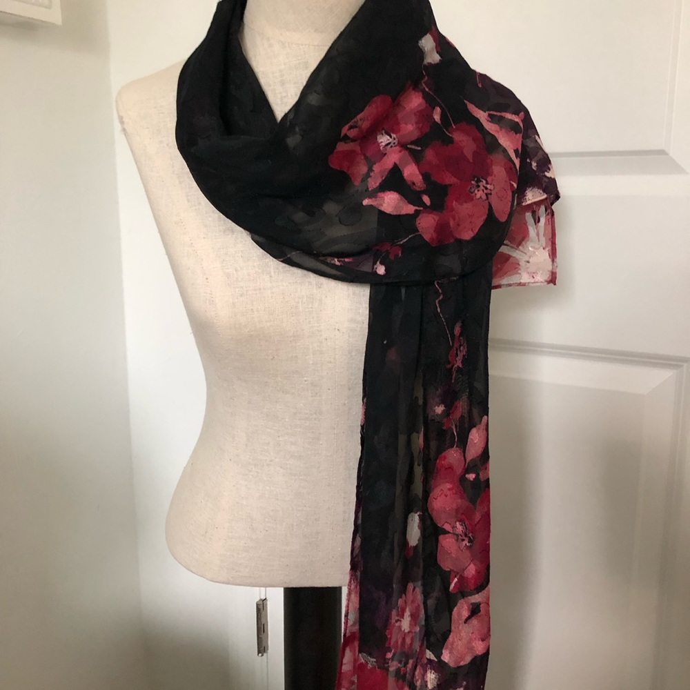 Chico's Black Sheer Scarf with Pink and Red Floral and Leopard Print